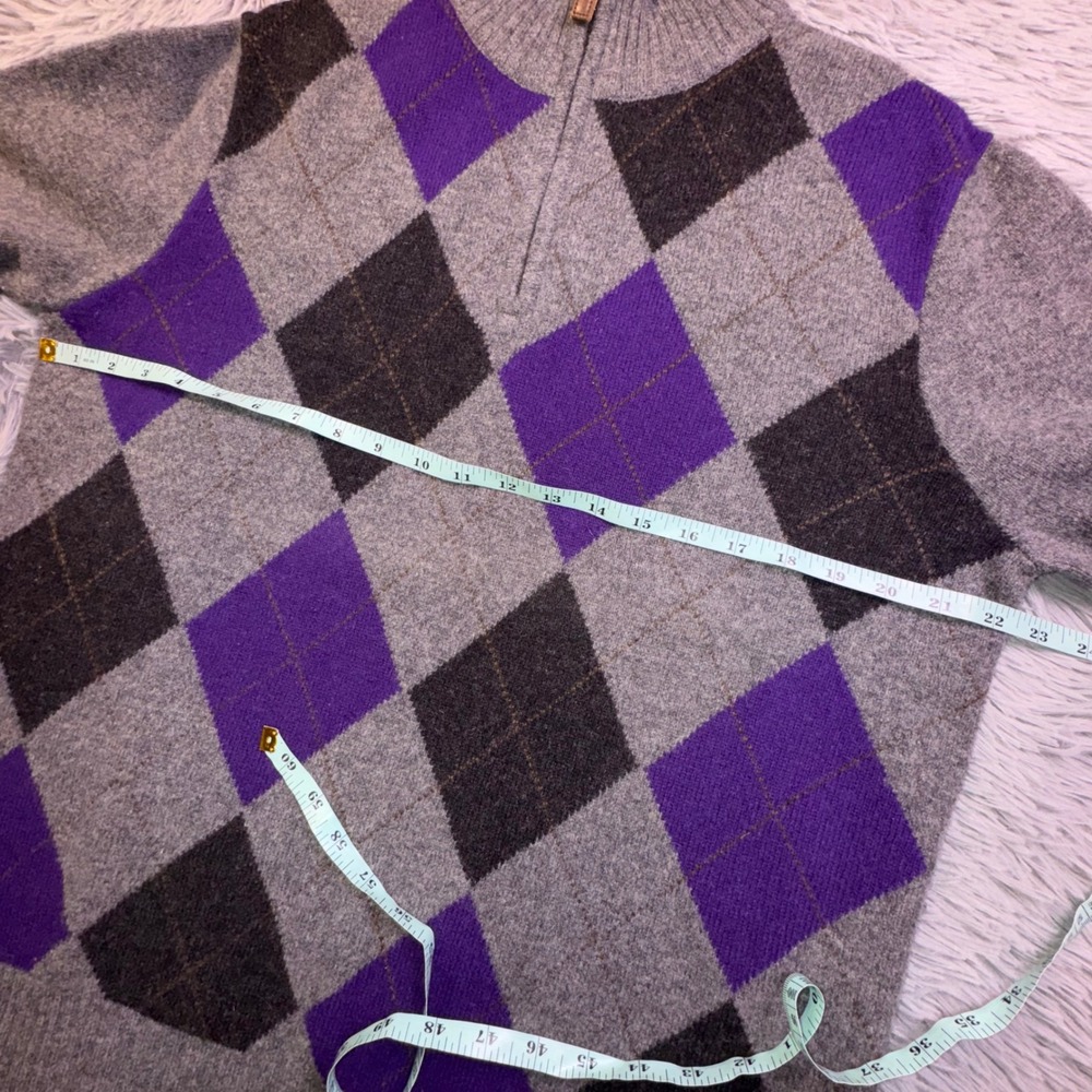 J.Crew Mens Large Lambswool Argyle Quarter Zip Sweater Elbow Patches Gray Purple - Picture 5 of 10